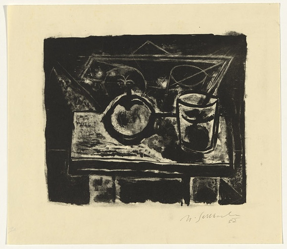 Artist: b'SELLBACH, Udo' | Title: b'(An apple and glass on a table)' | Date: 1952 | Technique: b'lithograph, printed in black ink, from one stone [or plate]'