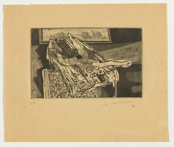 Artist: b'SELLBACH, Udo' | Title: b'(Nude on table)' | Date: 1966 | Technique: b'etching and aquatint printed in black ink, from one plate'