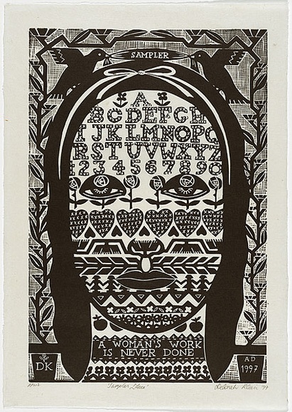 Artist: b'Klein, Deborah.' | Title: b'Sampler face' | Date: 1997 | Technique: b'linocut, printed in black ink, from one block'