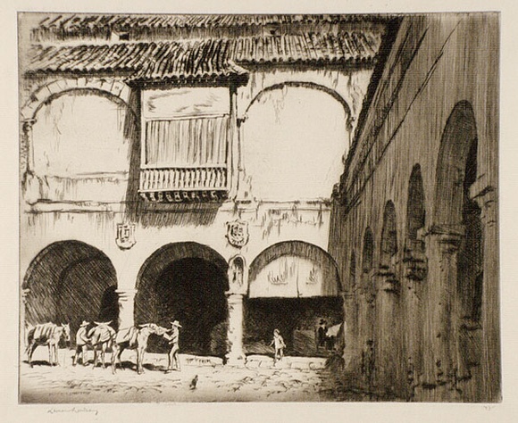 Artist: b'LINDSAY, Lionel' | Title: b'The Moorish market, Granada' | Date: 1926 | Technique: b'drypoint, printed in brown ink with plate-tone, from one plate' | Copyright: b'Courtesy of the National Library of Australia'