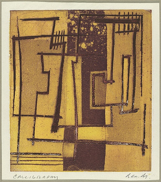 Artist: b'MADDOCK, Bea' | Title: b'Calligraphy' | Date: 1959 | Technique: b'etching, aquatint, deep etch and colour relief'