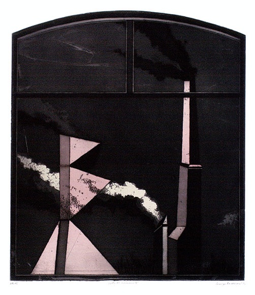 Artist: b'BALDESSIN, George' | Title: b'City monuments.' | Date: 1970 | Technique: b'etching and aquatint, printed in black ink, from one shaped plate; stencil, printed in pink ink, from one stencil'