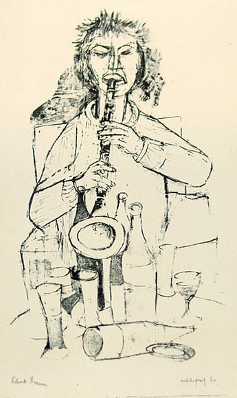 Artist: b'Grieve, Robert.' | Title: b'(The clarinet player)' | Date: 1958 | Technique: b'lithograph, printed in blue/black ink, from one stone'