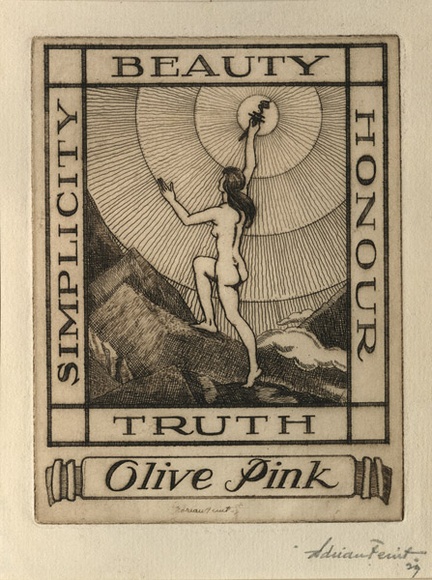 Artist: b'FEINT, Adrian' | Title: b'Bookplate: Olive Pink.' | Date: 1929 | Technique: b'etching, printed in brown ink with plate-tone, from one plate' | Copyright: b'Courtesy the Estate of Adrian Feint'