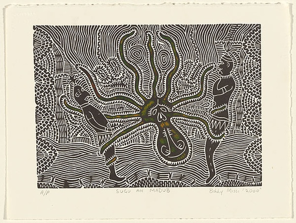 Artist: b'Missy, Billy.' | Title: b'Sugu Ah Mabud' | Date: 2000 | Technique: b'linocut, printed in black ink, from one block; hand-coloured'