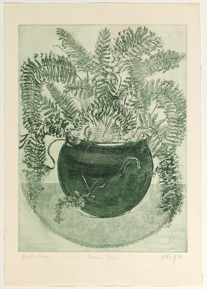 Artist: b'GRIFFITH, Pamela' | Title: b'Boston fern' | Date: 1978 | Technique: b'etching, softground, aquatint, sugarlift printed in green ink, from one zinc plate' | Copyright: b'\xc2\xa9 Pamela Griffith'