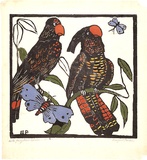 Artist: b'PRESTON, Margaret' | Title: b'Black cockatoos' | Date: 1925 | Technique: b'woodcut, printed in black ink, from one block; hand-coloured' | Copyright: b'\xc2\xa9 Margaret Preston. Licensed by VISCOPY, Australia'