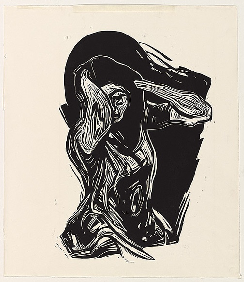 Title: b'not titled [woman holding her head]' | Date: c.1970 | Technique: b'linocut, printed in black ink, from one block'