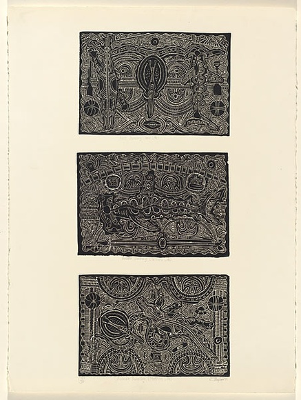 Artist: b'LAIFOO, Joey' | Title: bKuzi Dunalaig (Son's life), Babba Dunalaig (Father's life), Ammah Dunalaig (Mother's life) | Date: 2001 | Technique: b'linocuts, printed in black ink, from three blocks' | Copyright: b'For 163015 only: Joey Laifoo - Turtle design 2006'