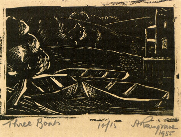 Artist: b'ROSENGRAVE, Harry' | Title: b'Three boats' | Date: 1955 | Technique: b'linocut, printed in black ink, from one block'