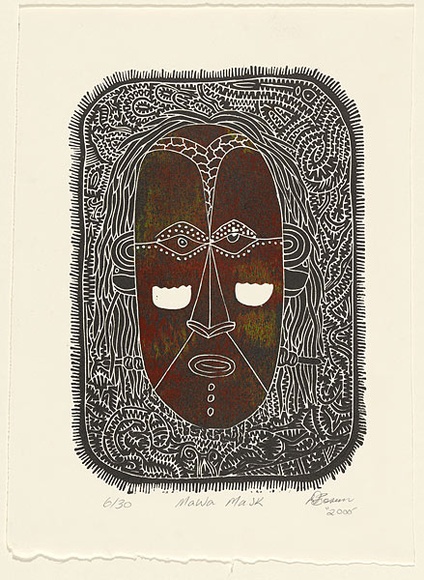 Artist: b'Bosun, David.' | Title: b'Mawa mask' | Date: 2000 | Technique: b'linocut, printed in blue ink, from one block'