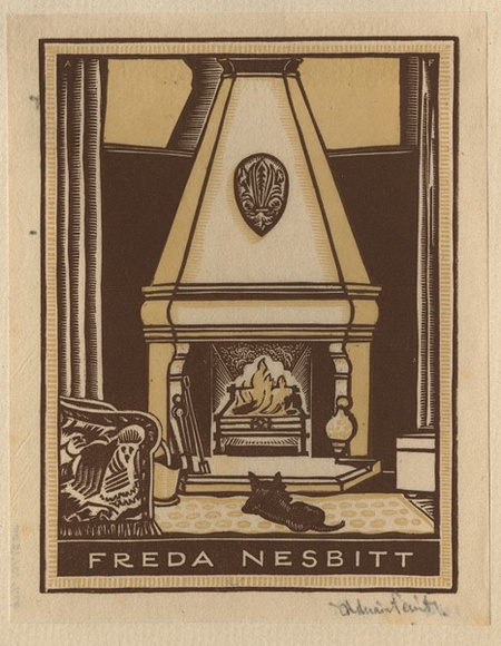 Artist: b'FEINT, Adrian' | Title: b'Bookplate: Freda Nesbitt.' | Date: (1934) | Technique: b'wood-engraving, printed in colour, from two blocks in brown and cream inks' | Copyright: b'Courtesy the Estate of Adrian Feint'