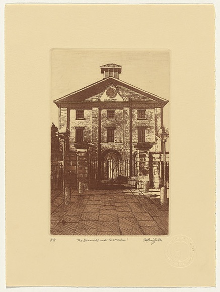 Artist: b'GRIFFITH, Pamela' | Title: b'The Barracks under restoration' | Date: 1981 | Technique: b'hard ground, aquatint, photo-transfer from Kodalith on one zinc' | Copyright: b'\xc2\xa9 Pamela Griffith'