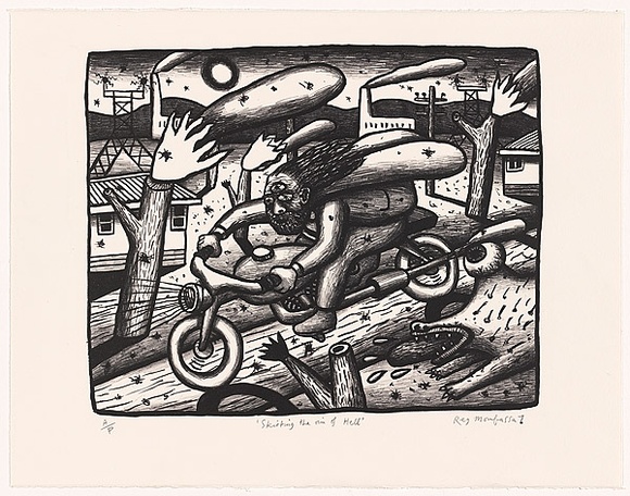 Artist: b'Mombassa, Reg.' | Title: b'Skirting the rim of hell' | Date: 2003 | Technique: b'lithograph, printed in black ink, from one stone'