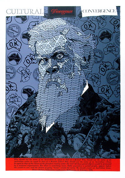 Artist: b'ARNOLD, Raymond' | Title: b'Cultural divergence convergence. Henry Parkes.' | Date: 1988 | Technique: b'screenprint, printed in colour, from seven stencils'