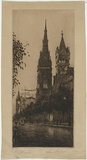 Artist: b'SHIRLOW, John' | Title: b'The Gothic Spire in Collins Street. An evening effect.' | Date: 1915 | Technique: b'etching, printed in warm black ink with plate-tone, from one copper plate'