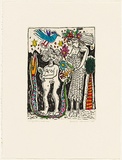 Artist: b'HANRAHAN, Barbara' | Title: b'Meeting with a snake' | Date: 1990 | Technique: b'etching, printed in black ink with plate-tone, from one plate, hand-coloured'