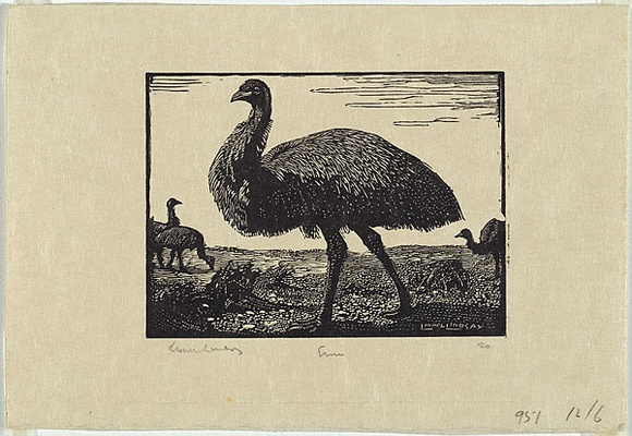Artist: b'LINDSAY, Lionel' | Title: b'Emu' | Date: 1923 | Technique: b'wood-engraving, printed in black ink, from one block' | Copyright: b'Courtesy of the National Library of Australia'