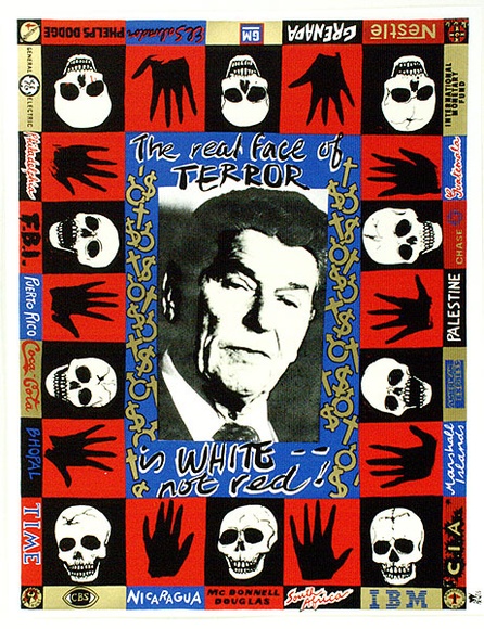 Artist: b'Porter, Carol.' | Title: b'The real face of terror is white - not red!' | Date: 1986 | Technique: b'screenprint, printed in colour, from multiple stencils'