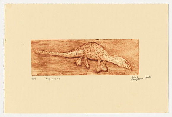 Artist: b'Reid, Jacqueline.' | Title: b'Ngintaka' | Date: 2004 | Technique: b'drypoint etching, printed in brown ink, from one perspex plate'
