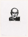 Artist: AMOR, Rick | Title: [Portrait of Alan Marshall]. | Date: 1984 | Technique: linocut, printed in black ink, from one plate | Copyright: © Rick Amor. Licensed by VISCOPY, Australia.