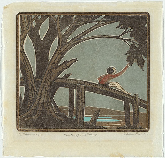 Artist: b'Palmer, Ethleen.' | Title: b'The boy on the bridge' | Date: 1937 | Technique: b'linocut, printed in colour, from multiple blocks'