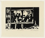 Artist: b'AMOR, Rick' | Title: b'Pub brawl.' | Date: 1983 | Technique: b'woodcut, printed in black ink, from one block'