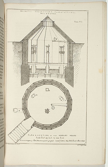 Title: b'Magnetic observatory Flagstaff Hill, Melbourne, plan and section of the horary house.' | Date: 1858-1859 | Technique: b'lithograph, printed in black ink, from one stone'