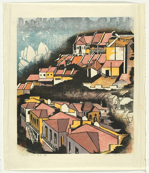 Artist: b'Thorpe, Lesbia.' | Title: b'Harbour view No.2' | Date: 1982 | Technique: b'woodcut, printed in colour, from four blocks'