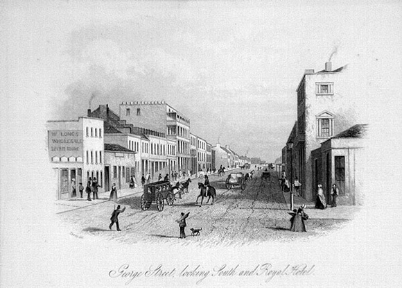 Artist: Terry, F.C. | Title: George Street looking South and Royal Hotel | Date: 1855 | Technique: engraving, printed in black ink, from one steel plate