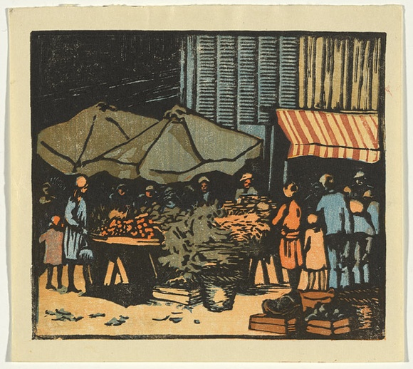 Artist: Allport, C.L. | Title: (A market in France). | Date: c.1928 | Technique: linocut, printed in colour, from multiple blocks