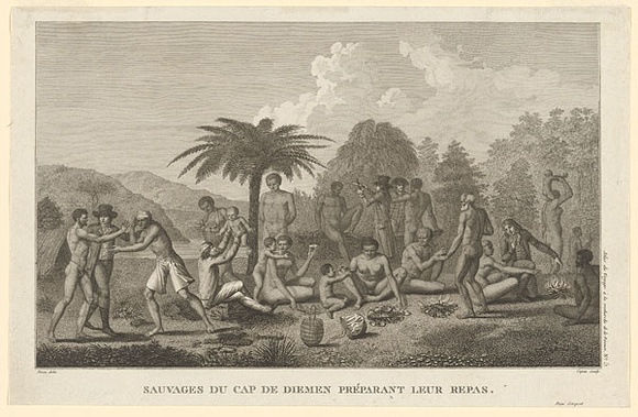 Artist: b'Copia, Jacques-Louis.' | Title: b'Sauvages du Cap de Diemen pr\xc3\xa9parant leur repas.' | Date: 1817 | Technique: b'engraving, printed in black ink, from one copper plate'