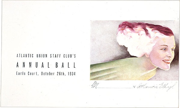 Artist: b'Annand, Douglas.' | Title: bAtlantic Union Staff Club's Annual Ball 1934. Autograph card. | Date: 1934 | Technique: b'lithograph, printed in colour, from multiple plates' | Copyright: b'\xc2\xa9 A.M. Annand'