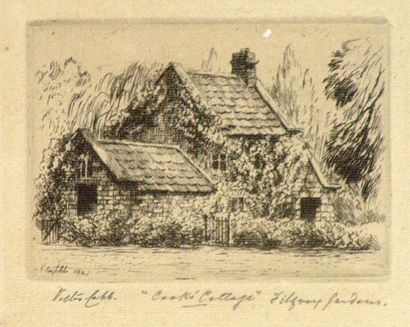 Artist: b'Cobb, Victor.' | Title: bCook's Cottage, Fitzroy Gardens. | Date: 1943 | Technique: b'etching, printed in black ink, from one plate'