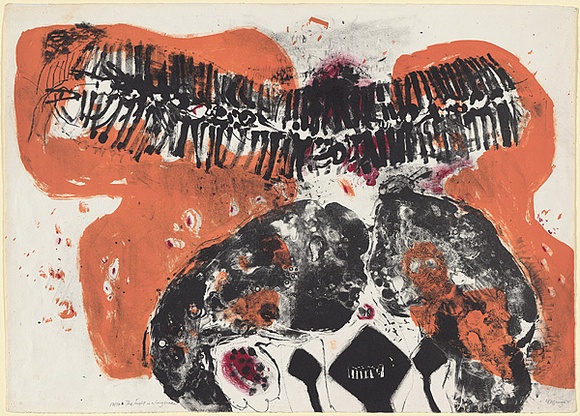 Artist: b'Hessing, Leonard.' | Title: b'The Night is a Long Snake' | Date: 1964 | Technique: b'lithograph, printed in colour, from three zinc plates'