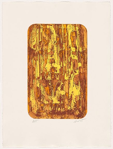 Artist: b'Javanalikikorn, Kade.' | Title: b'Not titled [overlaid plate patterns in brown, orange and yellow].' | Date: 2007 | Technique: b'etching, open-bite and aquatint, printed using viscosity method in colour, from one plate; 1 intaglio colour, 2 roll colours'