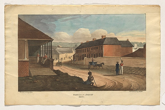 Title: b'View from the Sydney Hotel' | Date: 1826 | Technique: b'lithograph, printed in black ink, from one stone; hand-coloured'