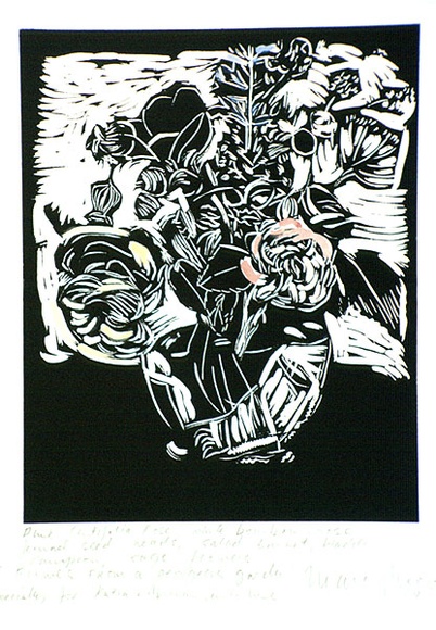 Artist: b'Moore, Mary.' | Title: b'Flowers from a Georgious garden' | Date: 1989 | Technique: b'linocut, printed in black ink, from one block, hand-coloured' | Copyright: b'\xc2\xa9 Mary Moore'