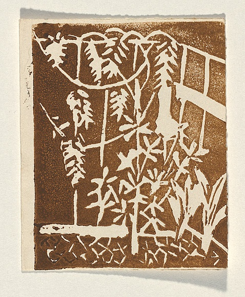 Title: b'Card: [garden]' | Technique: b'linocut, printed in brown ink, from one block'