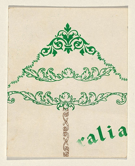 Title: Card: Christmas tree | Technique: screenprint, printed in green and gold, from two stencils