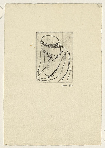 Title: b'not titled [abstracted male figure with headwear]' | Date: 1962 | Technique: b'drypoint, printed in black ink, from one plate'