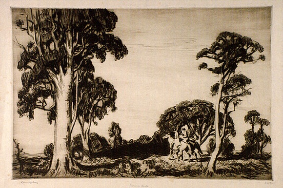 Artist: LINDSAY, Lionel | Title: Evening ride | Date: 1925 | Technique: drypoint, printed in brown ink with plate-tone, from one plate | Copyright: Courtesy of the National Library of Australia