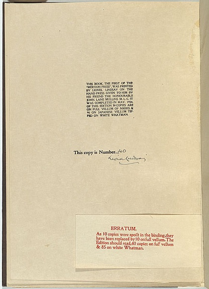 Artist: b'LINDSAY, Lionel' | Title: b'[colophon] Twenty-one woodcuts' | Date: 1924 | Technique: b'woodengraving, printed in black ink, from one block' | Copyright: b'Courtesy of the National Library of Australia'