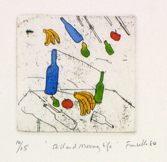 Artist: b'Fransella, Graham.' | Title: b'Still and moving life'. | Date: 1980 | Technique: b'etching and aquatint, printed in black ink, from one plate; hand-coloured' | Copyright: b'Courtesy of the artist'