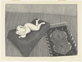 Artist: Brack, John. | Title: Model with Islamic carpet. | Date: 1977 | Technique: lithograph, printed in black ink, from one zinc plate | Copyright: © Helen Brack