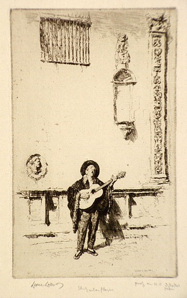 Artist: b'LINDSAY, Lionel' | Title: b'The guitar player' | Date: 1920 | Technique: b'etching, printed in warm black ink with plate-tone, from one plate' | Copyright: b'Courtesy of the National Library of Australia'