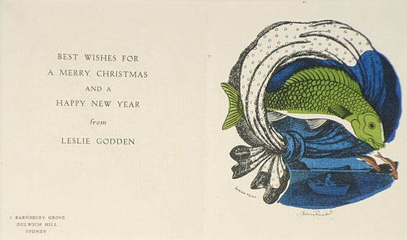 Artist: b'FEINT, Adrian' | Title: b'Greeting card: Christmas card for Leslie Godden.' | Technique: b'lithograph, printed in colour, from multiple stones [or plates]' | Copyright: b'Courtesy the Estate of Adrian Feint'