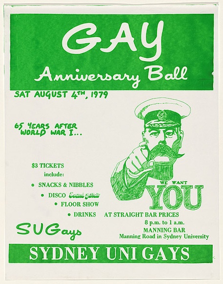 Artist: b'EARTHWORKS POSTER COLLECTIVE' | Title: b'Gay Anniversary Ball' | Date: 1979 | Technique: b'screenprint, printed in green ink, from one stencil'