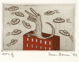 Artist: b'Bowen, Dean.' | Title: b'not titled (alligator on building catching flying saucers)' | Date: 1992 | Technique: b'etching, printed in black ink, from one plate; handcoloured'