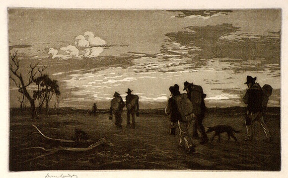 Artist: b'LINDSAY, Lionel' | Title: b'Tramping for tucker' | Date: 1917 | Technique: b'aquatint, etching, burnishing, printed in brown ink, from one plate' | Copyright: b'Courtesy of the National Library of Australia'